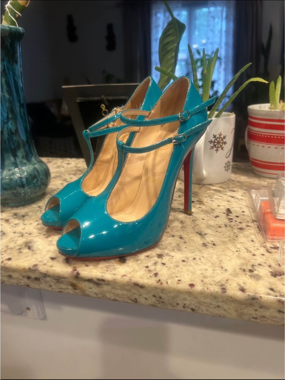 Christian Louboutin Teal Patent Peep-Toe T-Strap Heels Size 37 1/2 (7 1/2 US)